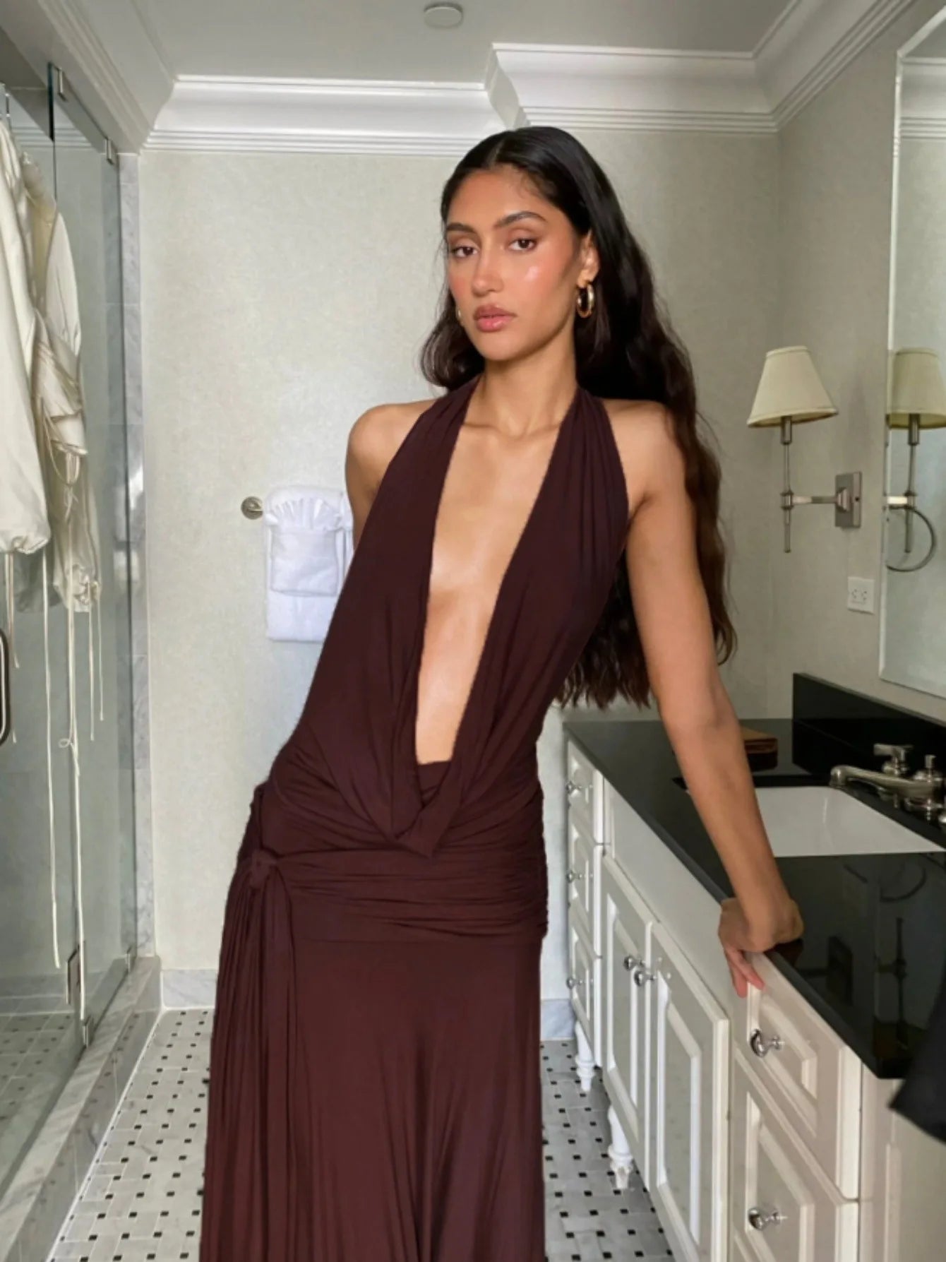 Lunivop Deep V Neck Backless Split Maxi Dresses For Women 2025 Sexy Summer Brown Long Dress Women Beach Vacation Outfits