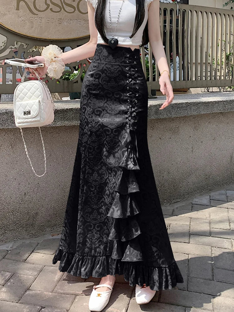 Lunivop  Print Vintage Long Skirt Women Casual Ruffles England Sweet Trumpet Skirts Retro Lace Up Elegant Female Design Long Skirt