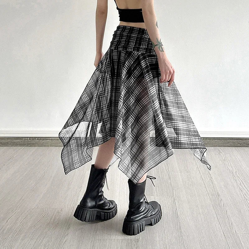 Lunivop Vintage Plaid Midi Skirt Women Y2K Streetwear Irregular Mesh Skirts Summer Gyaru Harajuku Korean High Waist A Line Faldas