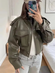 Lunivop  Chic Fashion Faux Leather Jackets for Women Loose Zipper Long Sleeve Female Short Coats Autumn Lady Casual New Outerwear ﻿
