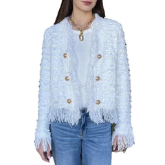 Lunivop  Tassel Little Fragrance Coat Jacket Women Elegant Temperament Double-breasted Coats Autumn Winter Solid Slim Clothing White
