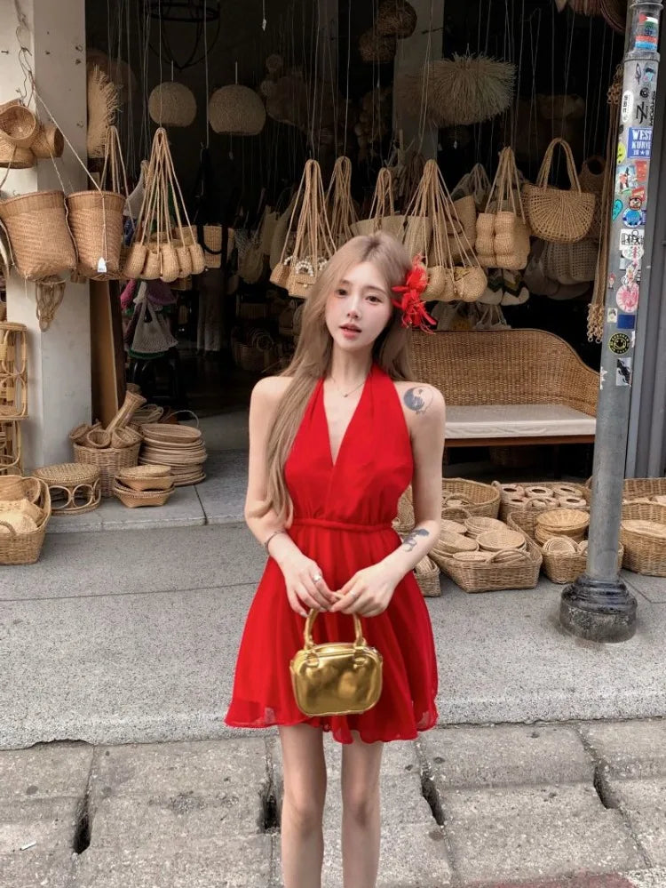 Lunivop  Woman Dresses Sleeveless V Neck Bandage Halter Backless Vintage Sexy Mini Dress Sweet Elegant Female Party Fashion