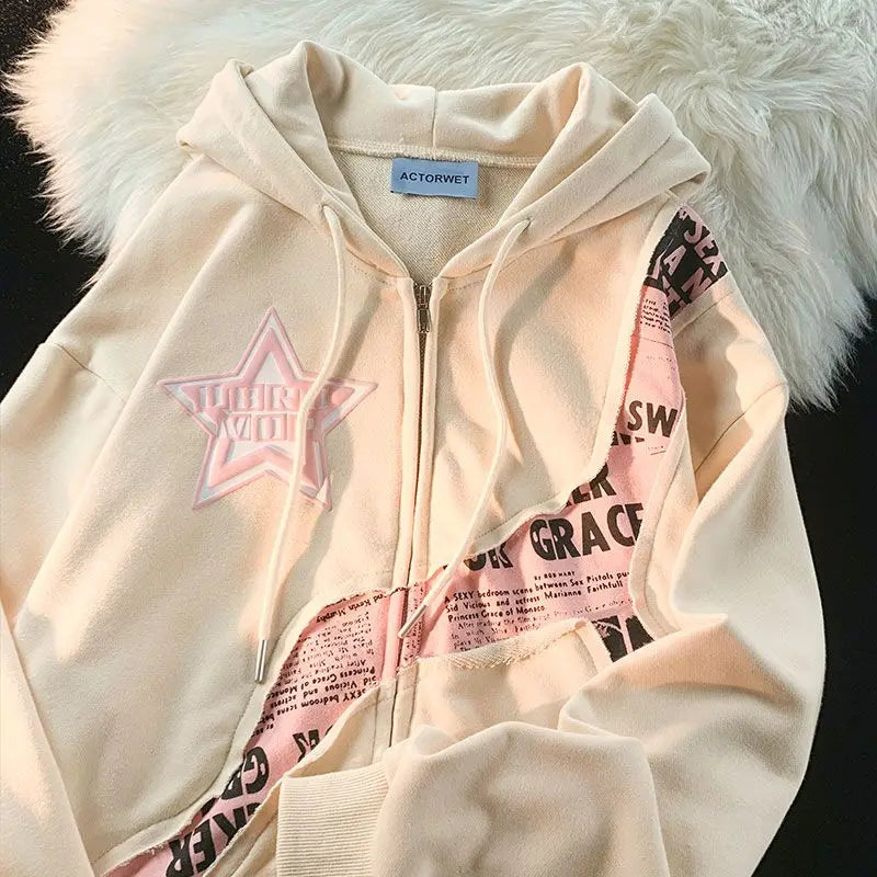 Lunivop  Deeptown Y2K Vintage Zip Up Hoodies Women Harajuku Hip Hop Letter Print Sweatshirts Gothic Streetwear Loose Patchwork Tops Coats
