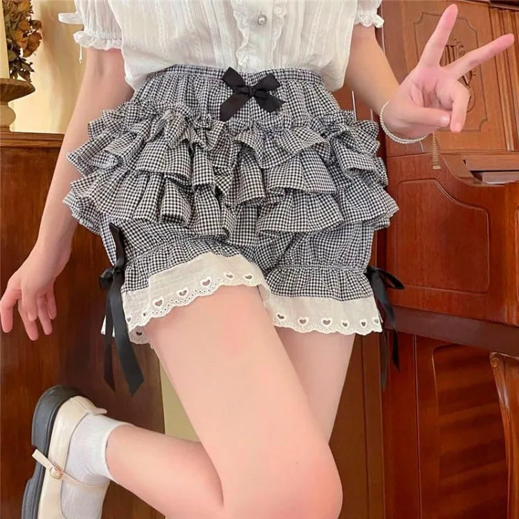 Lunivop Summer New All-match Skirt for Women Fashion Sweet Gray Plaid Skirts Y2k Grunge High Waist Ruched Cake Faldas Mujer