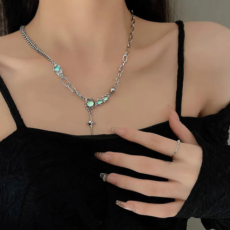 Lunivop Crystal Opal Pendant Liquid Metal Necklace for Women Clavicle Chain Geometric Irregular Vintage Choker Y2K Jewelry Accessories