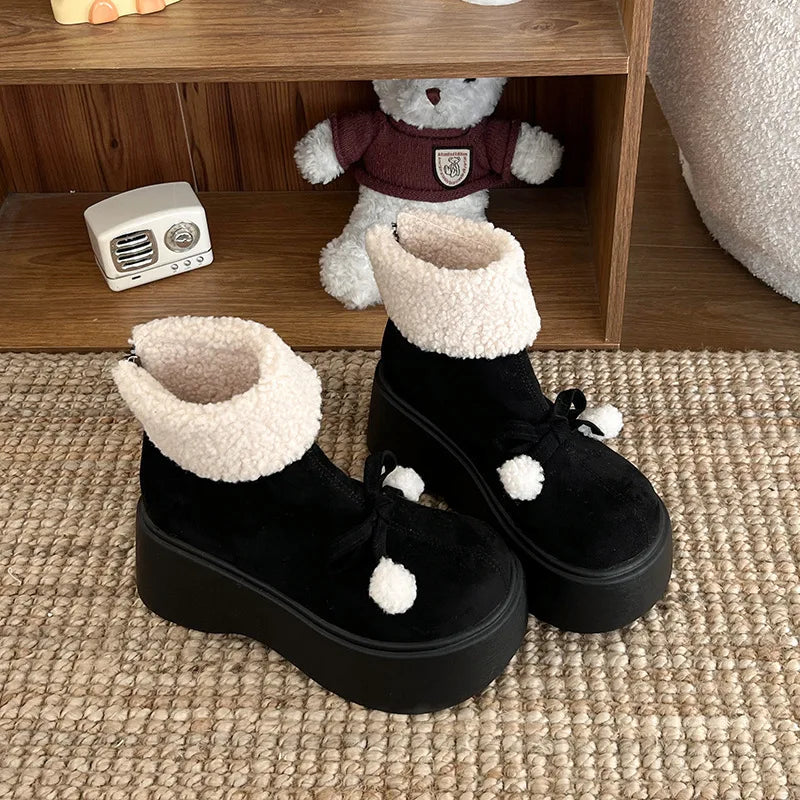 Lunivop Fashion Bow Fur Women Suede Snow Boots New 2025 Winter Plush Warm Flats Platform Short Boots Casual Cotton Shoes Ankle Botas