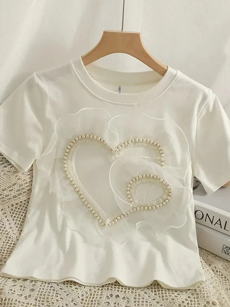 Lunivop  Sweet Love Cute T Shirt Women Casual Loose O Neck Mesh Patchwork Tees Vintage Kawaii Female Short Sleeve White Tops Summer
