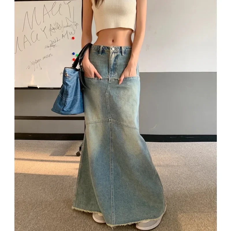 Lunivop Streetwear Loose Casual Blue Denim A-line Skirt Women Summer New Korean High Waist Washed Distressed Mid-length Skirt