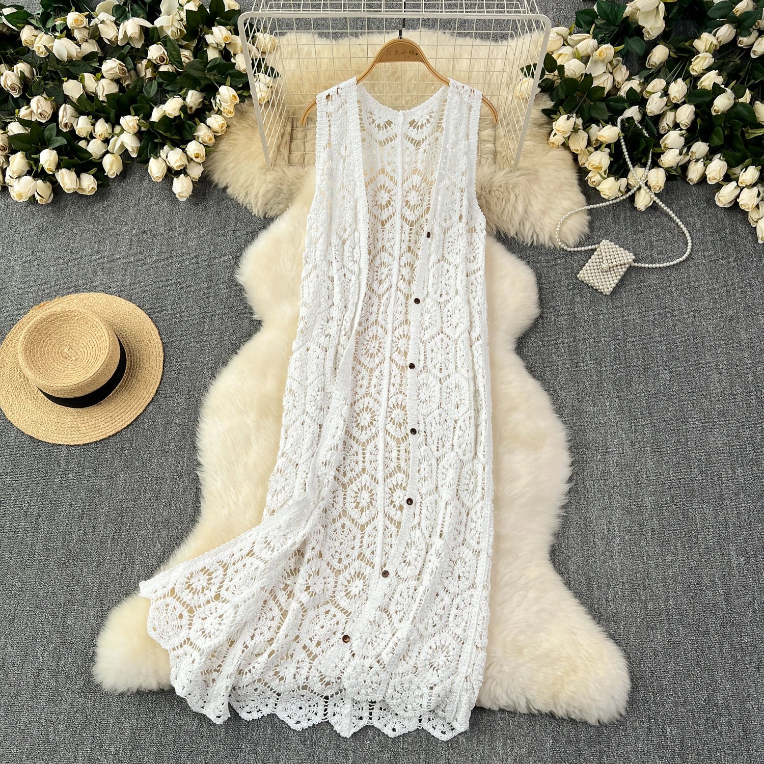 Lunivop Longline Crochet Cardigan Button Front Sleeveless Sheer Open-knit Long Cover-up Jacket Women Summer Beach Vacation Outfit