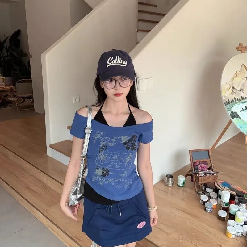 Lunivop  Y2k Street Vintage Fake Two Piece Halter T-shirt Sexy Short Sleeve Slim Fit Tee Shirt 2025 Summer New Top for Women