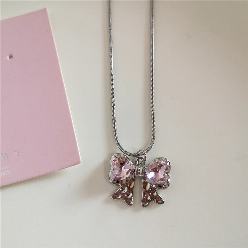 Lunivop Kpop Vintage Pink Heart Bowknot Pendant Stainless Steel Snake Chain Necklace Girl Goth Y2k Aesthetic Rave Jewelry Accessories