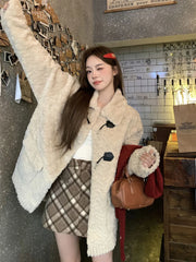 Lunivop Retro Sweet Faux Lamb Coat Women Loose Preppy Style Sweet Long Sleeve Warm Jacket Korean Vintage Casual Pockets Winter Tops