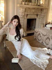 Lunivop  Elegant Lace Sleeve Long Dress for Women Chic Square Neck Retro Spliced Strappy Pleated Ruffle Party Prom One Piece Mujer Autumn
