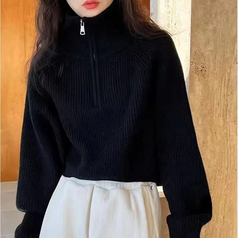 Lunivop Half Zip Collar Sweater Women Pullovers Soft Knitted Long Sleeve Short Jumper Fall Winter Teen-girl Korean Fashion Outfit