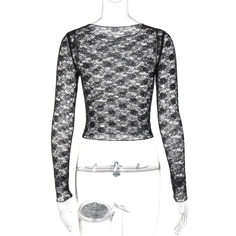 Lunivop Lace See Through O Neck Long Sleeve Women'S Tshirts Tops Slim Summer Solid Y2K Streetwear Sexy Casual Clothes