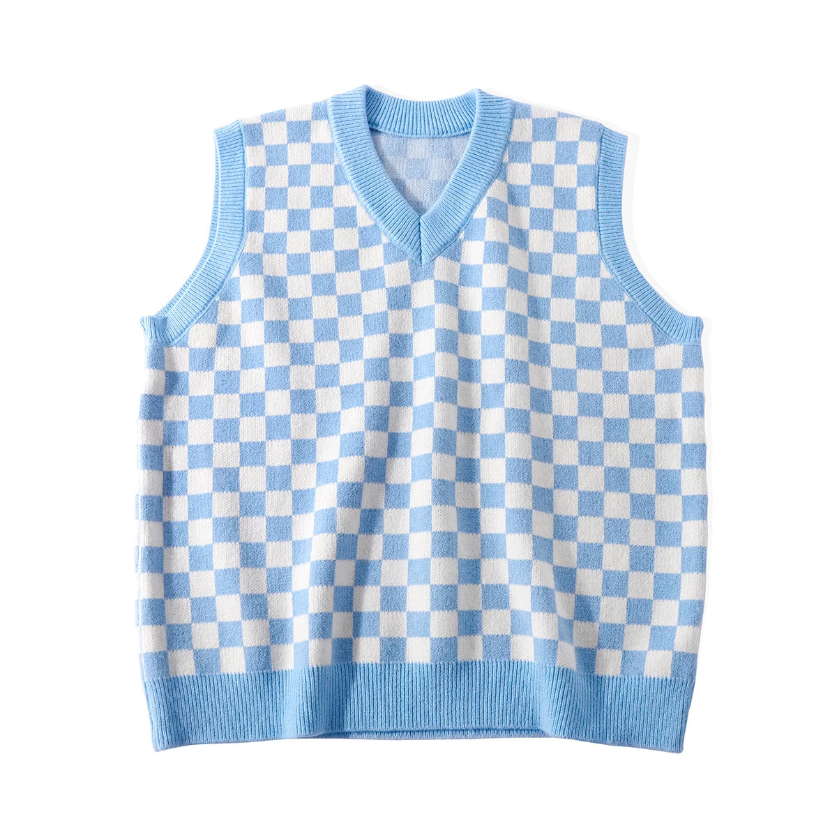Lunivop Checkered Sweater Vest Women Blue and White Checkerboard Sleeveless Knit Top Teen-girl Y2K Preppy Style Outfit