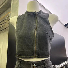 Lunivop  New Summer Fashion High Street Denim O Neck Zip Up Vest Harajuku Y2k All  Match Casual Camisole American Punk Short Clothes