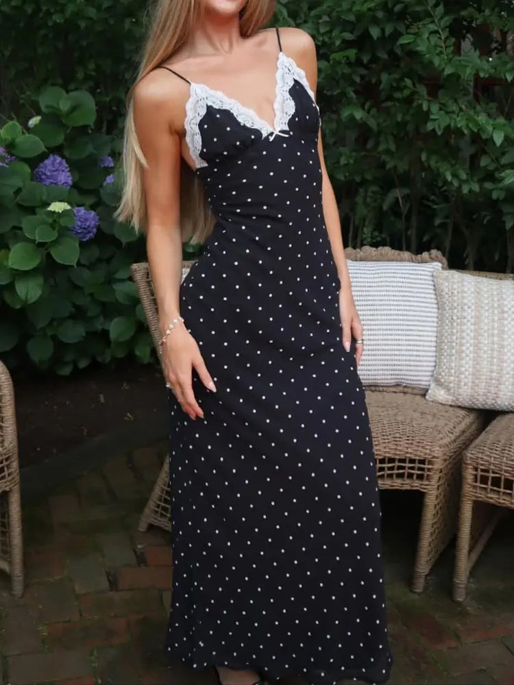 Lunivop   Polka Dot Lace Patchwork Maxi Dress Women Summer Fashion Backless Slim Strap Sexy Robes Female Elegant Party Long Dress 2025