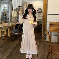 Lunivop  Harajuku Vintage Sweet Bow Pink Coat Women+ Autumn Winter Fashion Mid-length Ruched A-line Skirts New Two Piece Sets