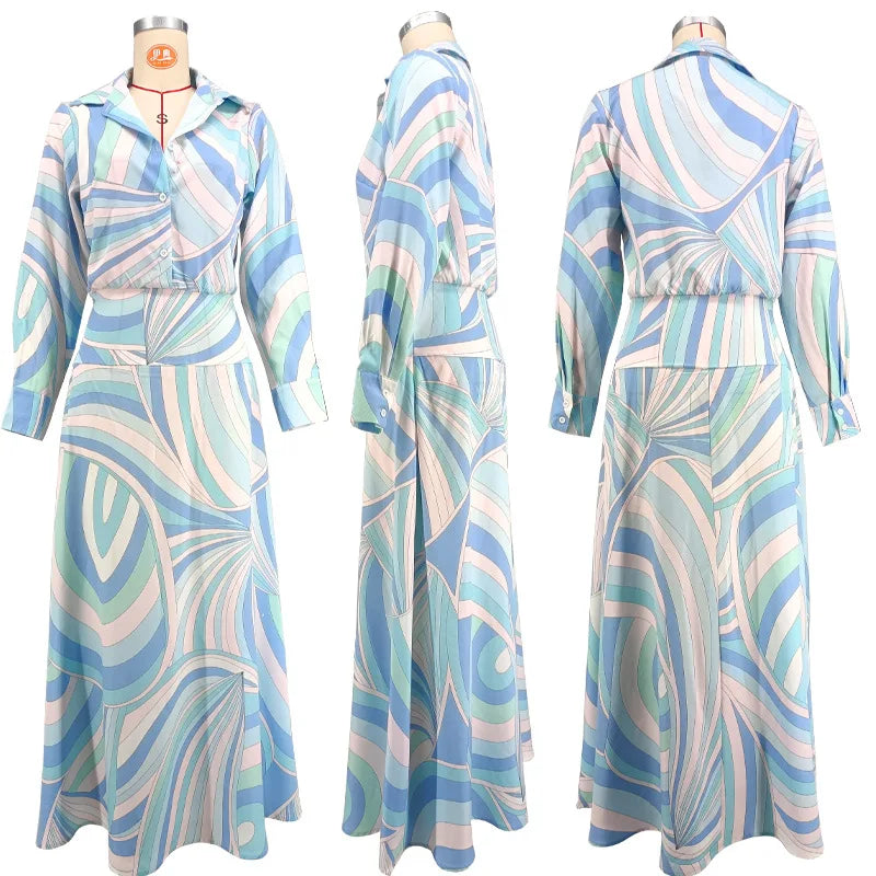 Lunivop  Swirl Print Button-Down Shirt Maxi Dress Long Sleeve Collared Chiffon A-Line Spring Summer Chic Y2K Women Vacation Outfit