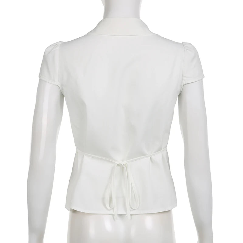 Lunivop  Vintage Folds Crop Top White Button Up Short Sleeve Blouse Women Bandage Korean Fashion T-shirt Casual Streetwear y2k Tee