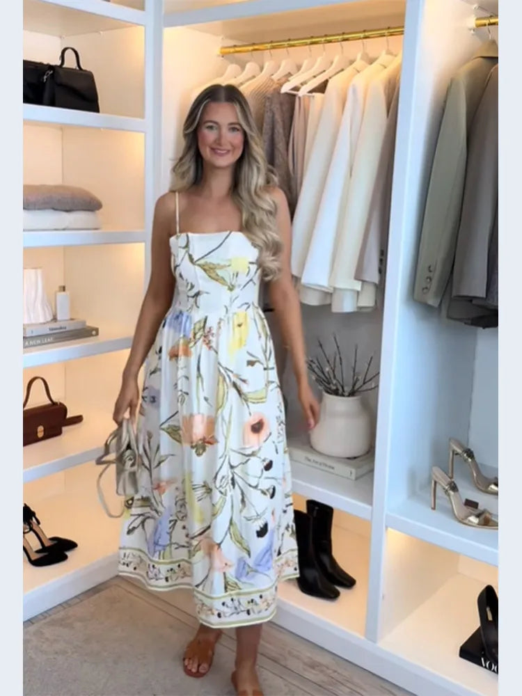 Lunivop  Vintage Flower Print High Waist Pleated Maxi Dress Women Sexy Backless Sleeveless Long Dresses Summer Sexy Vocation Party Robe