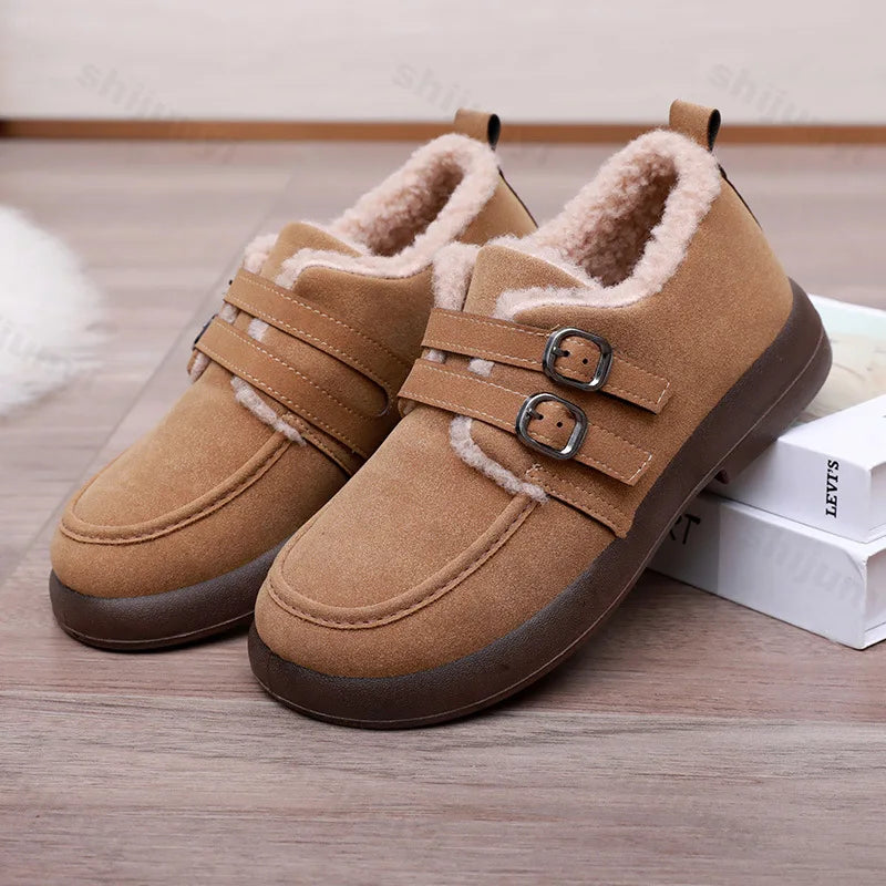 Lunivop Autumn Winter Casual Flat Shoes for Women Moccasins Soft Loafers Fashion Buckle Warm Plush Slip on Female Cotton Shoes