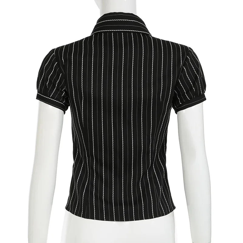 Lunivop Women's Black Lace Striped T Shirt, V-Neck, Button, Elegant Crop Top, Vintage Short Sleeved Cardigans, Women Grunge Korean Tees