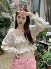Lunivop   Floral Sweet Cropped Shirt Women Sexy Slim Long Sleeve Elegant Blouse French Vintage Square Collar Casual Off Shoulder Tops