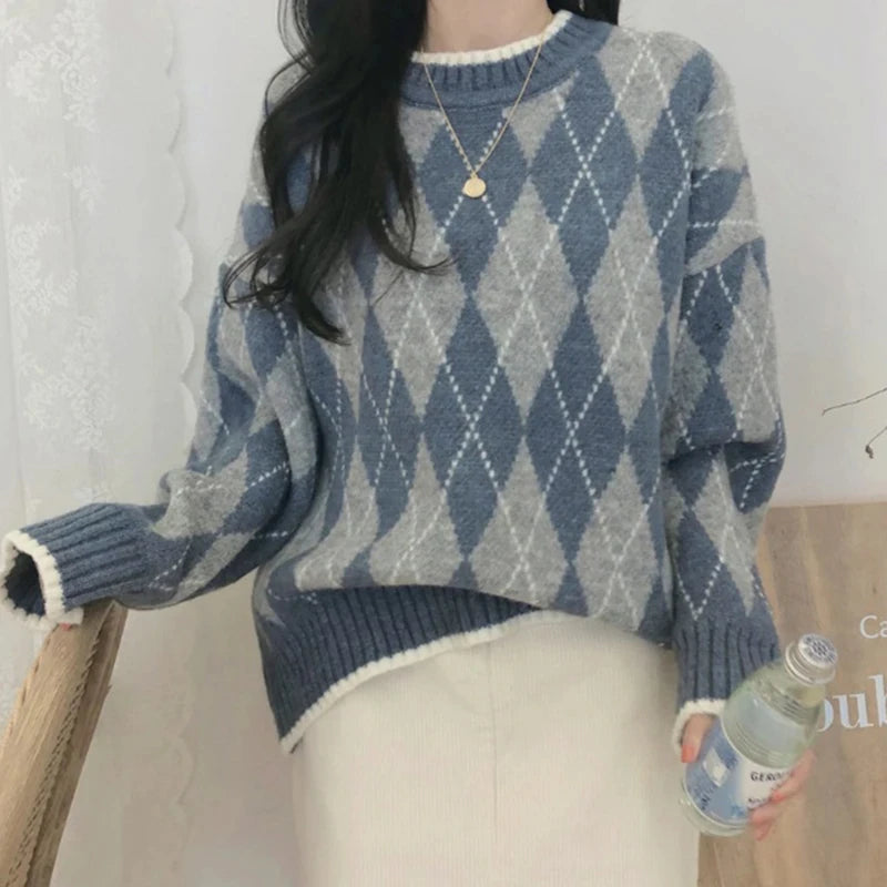 Lunivop Blue & Grey Argyle Sweater Women Crew Neck Long Sleeve Pullovers Jumper Shcoolgirl Fall Winter Preppy Style Outfit