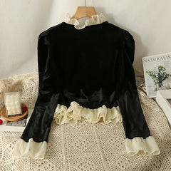 Lunivop  Vintage Sweet O-neck Ruffles Cardigan Mujuer Autumn New Slim Fit Black Velvet Cardigans Y2k Long Sleeve Tops Women