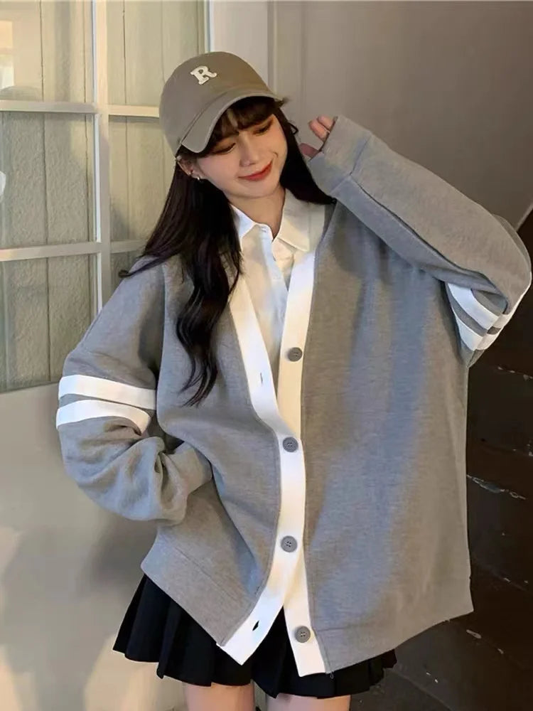 Lunivop Varsity Cardigan Sweater for Women Long Sleeve V-Neck Button-up Knit Slouchy Cardi Korean School-girl Preppy Fall Winter Outfit