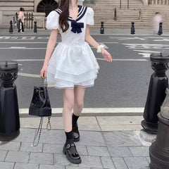 Lunivop  Women's White Sailor Collar Navy Bow Dresses Bubble Sleeve Tiered Ruffle Short Dress Sweet Casual Cute Style Dress
