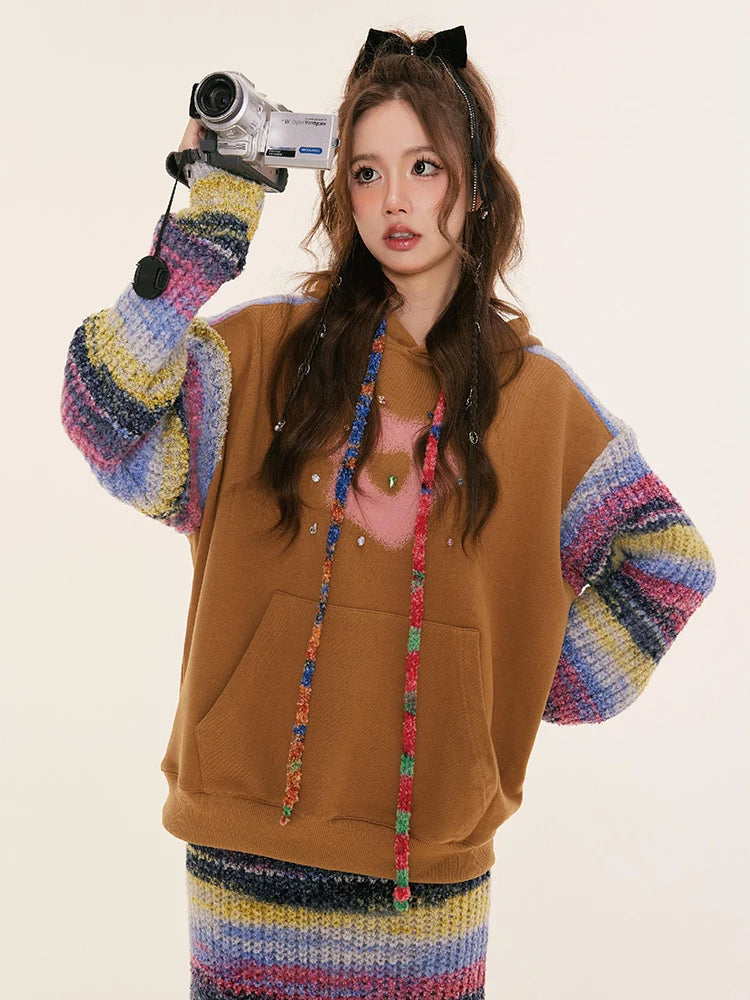 Lunivop Knitted Patchwork Vintage Hoodies Women Streetwear Long Sleeve Harajuku Sweatshirt American Casual Female Design Tops Fall