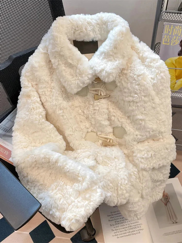 Lunivop Warm Faux Lamb Cute Coat Women Sweet Long Sleeve Winter Thick Jacket Casual Pockets Japan Kawaii Loose Soft Vintage Tops