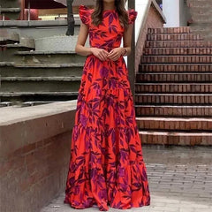 Lunivop  Womens Dresses Spring New Fashion Printed Temperament Flying Sleeves High Waist Casual Long Dress