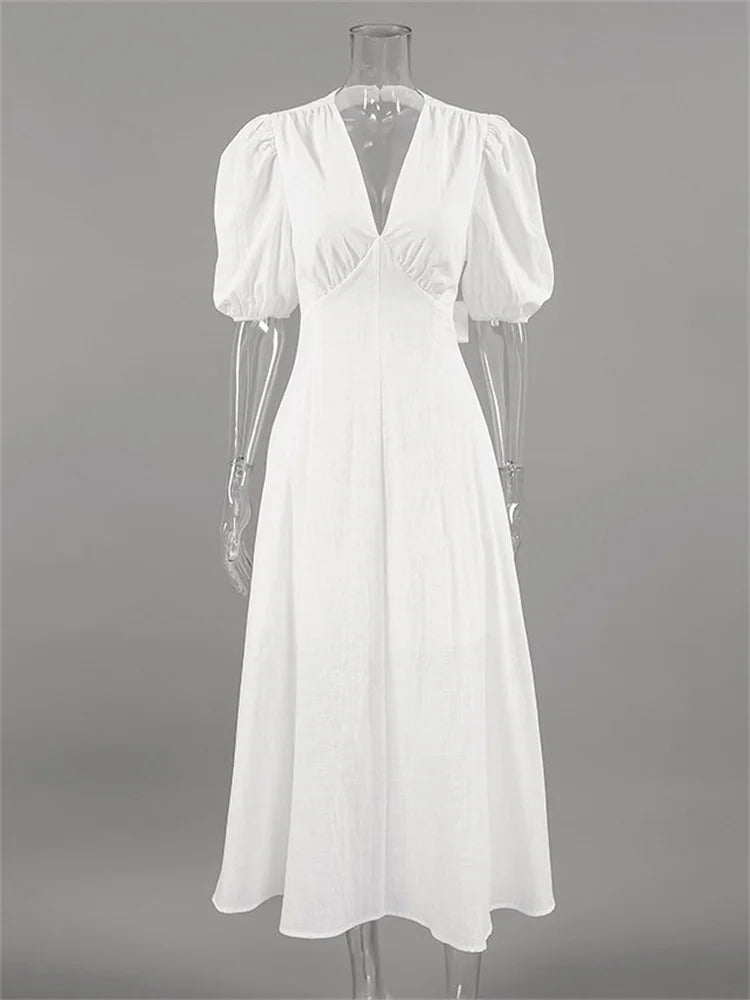 Lunivop  White Backless Summer Dress For Women Short Sleeve Slim V-Neck High Waist Elegant Commute Dress Female Bandage Long Dress