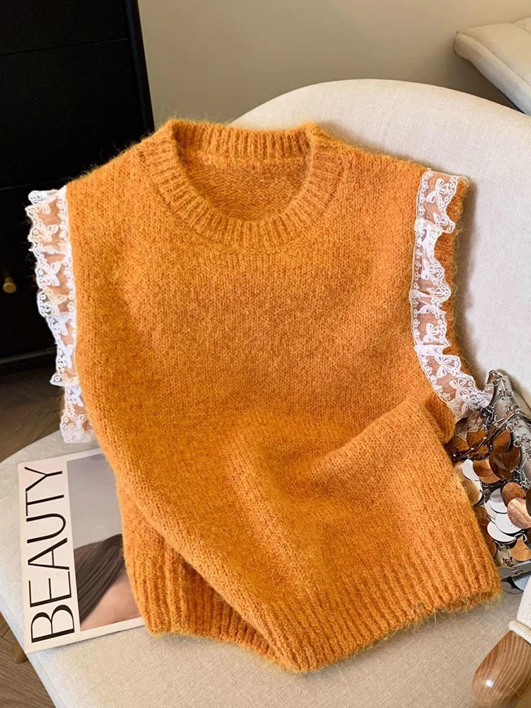 Lunivop Lace Patchwork Sweet Sweater Vest Women Vintage O Neck Casual Knitted Tops Korean Preppy Style Lady Lazy Wing Cute Vest New