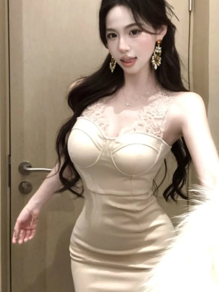 Lunivop Korean Lace Stitching Elegant Mid-length Party Dresses V-neck Hollow See Through Sexy Long Sleeve Dress  Women Autumn New