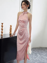 Lunivop  Women Pink Acetate Satin Elegant Jacquard Long Dress Summer Sleeveless Chic Neck-mounted Dress Korean Luxury Evening Dress