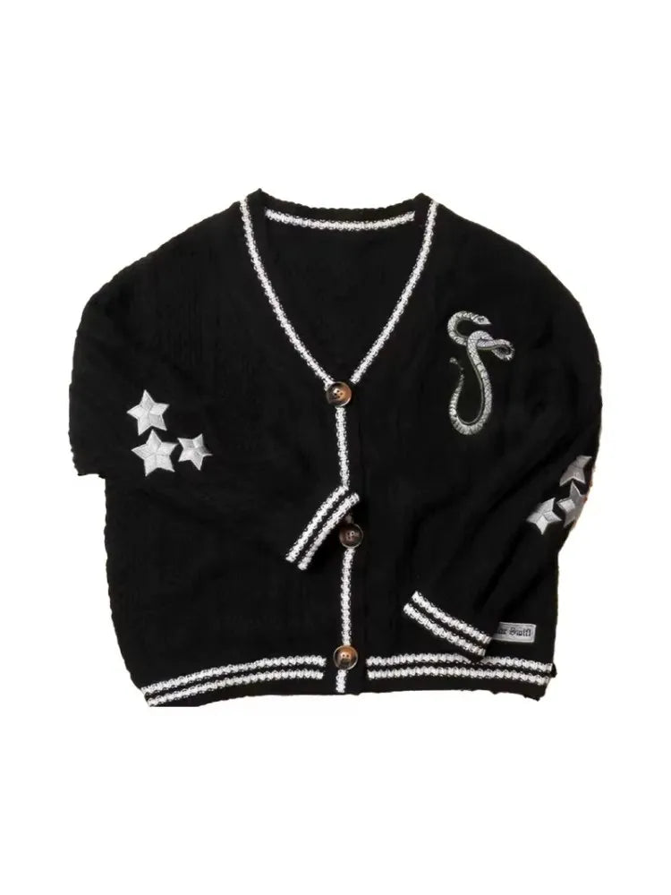 Lunivop Reputation Cardigan with Snake Star Cardigan Rep Taylor Embroidery V-Neck Button Up Knitted Sweater in Black Fall Winter