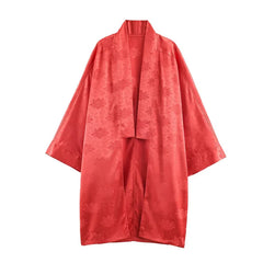 Lunivop  Jacquard Satin Fringe Three Piece Set Kimono Long Open Coat Wrap V Neck Top Fringe Trousers Summer Resort Lady Elegant Suit
