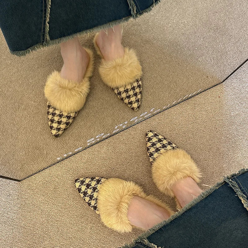 Lunivop New Winter Warm Fur Plush Women Slippers Fashion Furry Plaid Shoes Pointed Toe Flat Heel Hair Slides Zapatos De Mujer