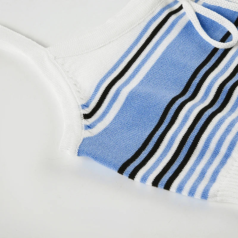 Lunivop  Elegant Striped Stitching Knitted Crop Top Casual Lace-up Bow Cute Tees Women Summer Holiday Style Vest y2k Aesthetic Tee