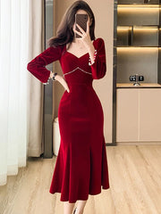 Lunivop  Women Red Velvet Elegant Christmas Dress Autumn Winter Chic Diamonds Square Collar Luxury Dress Korean Vintage Night Dress