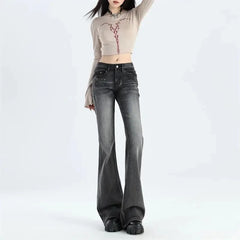 Lunivop  Women's Vintage Y2K Flared Jeans Korean Button-Up Low Rise Casual Denim Pants Female Versatile Elastic Slim Fit Jean Trousers