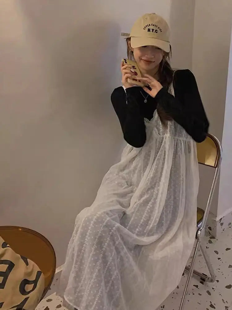 Lunivop  Fashion All-match Lace Camisole Dress for Women 2025 Summer New Mesh Vest Dresses Y2k Mid-length Loose Vestidos De Mujer