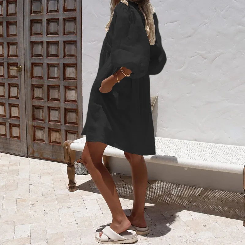 Lunivop  Solid Dress Women V Neck Puff Sleeve Loose Mini Female Dresses Summer Holidays Casual Lady Beach A-Line Sundress
