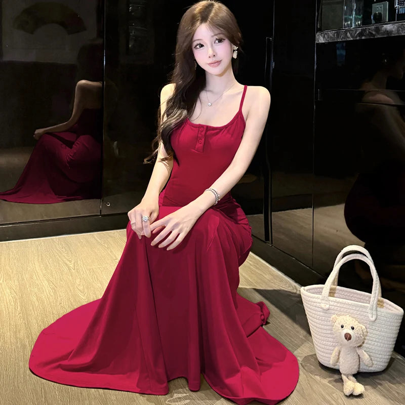 Lunivop  Summer Solid Elegant Sling Maxi Dress Women Fashion Chic Ruffled Mermaid Dress 2025 Korean Elegant Bodycon Luxury Evening Dress