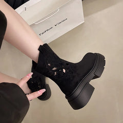 Lunivop Hollow Embroidered Vintage Western Boots Women Autumn Chunky Heels Mid-calf Cowboy Boots Woman Platform Knight Booties